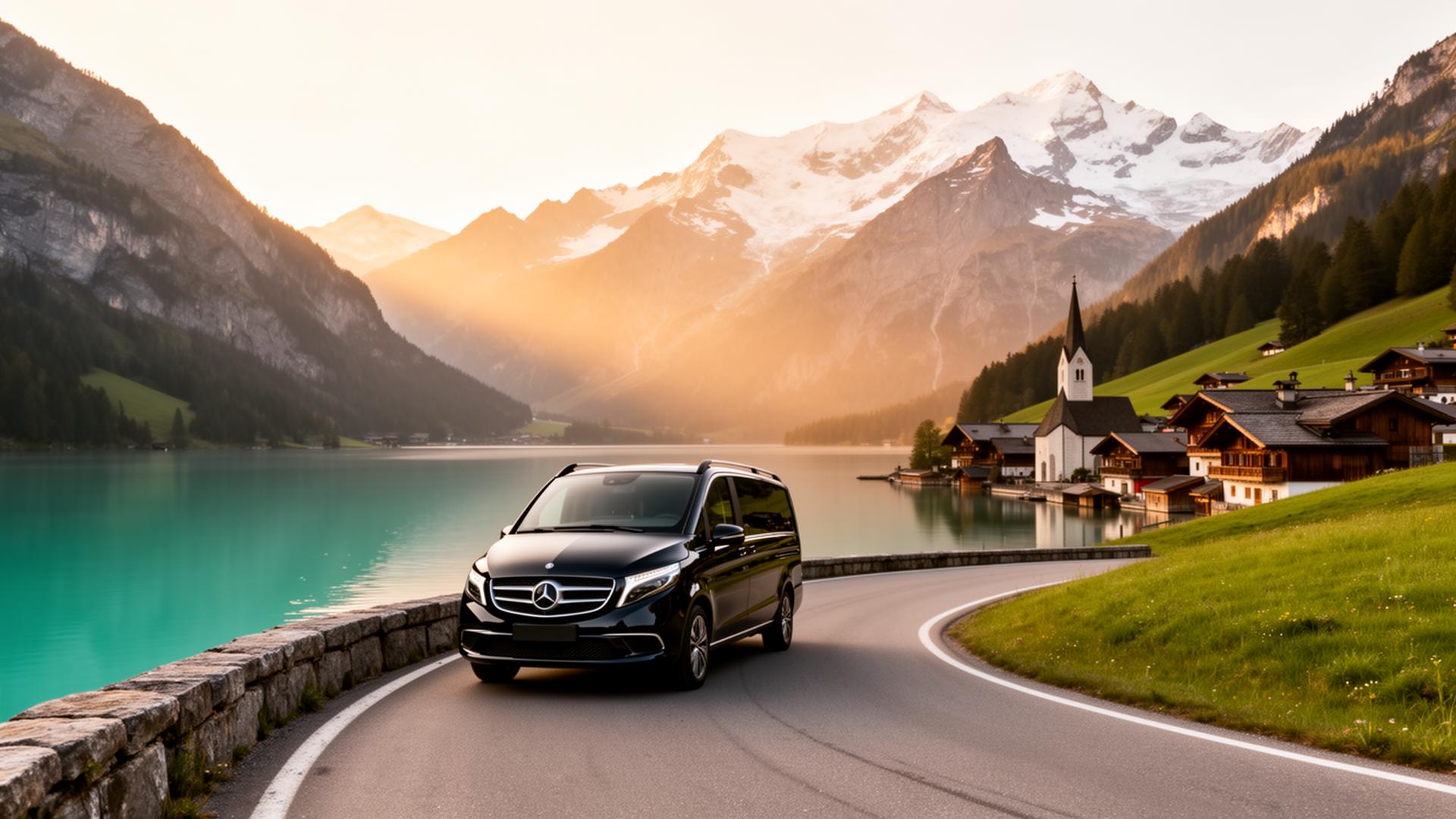 Mercedes V-Class on an alpine lakeside road at golden hour